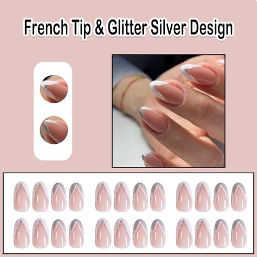 Sparkling White Silver Glitter Acrylic Nails Set 24 Count - Image 2