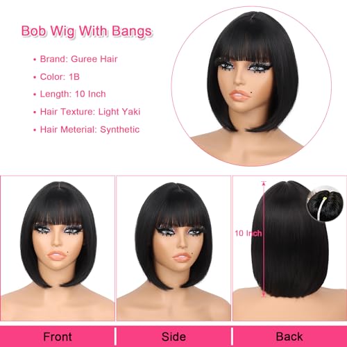 10 Inch Light Yaki Bob Wigs for Black Women Wear And Go Glueless Wig Short Straight Blunt Cut Bob Wig With Bangs 180% Density Natural Hairline Synthetic Bangs Wig for Daily Party Use(Black) - Image 2