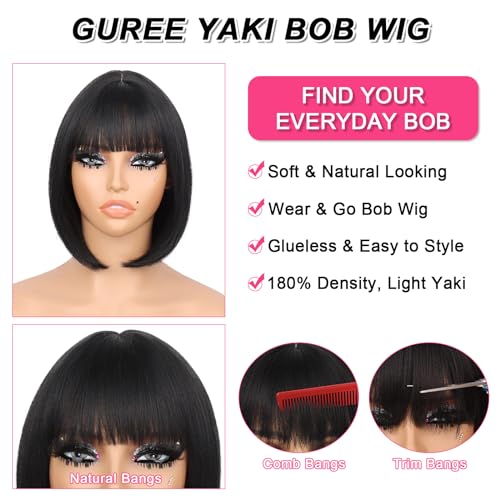 10 Inch Light Yaki Bob Wigs for Black Women Wear And Go Glueless Wig Short Straight Blunt Cut Bob Wig With Bangs 180% Density Natural Hairline Synthetic Bangs Wig for Daily Party Use(Black) - Image 3