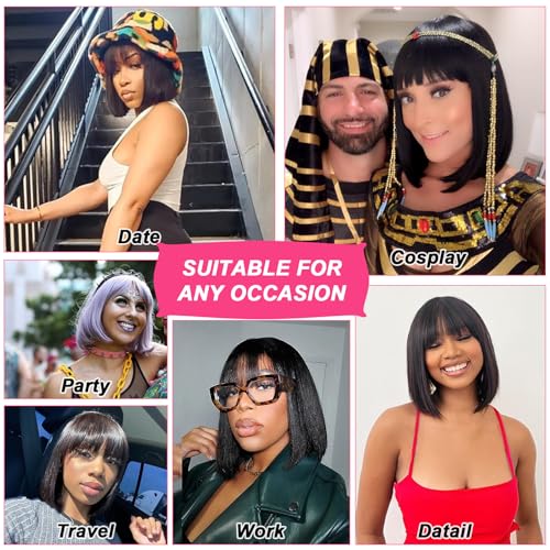 10 Inch Light Yaki Bob Wigs for Black Women Wear And Go Glueless Wig Short Straight Blunt Cut Bob Wig With Bangs 180% Density Natural Hairline Synthetic Bangs Wig for Daily Party Use(Black) - Image 7