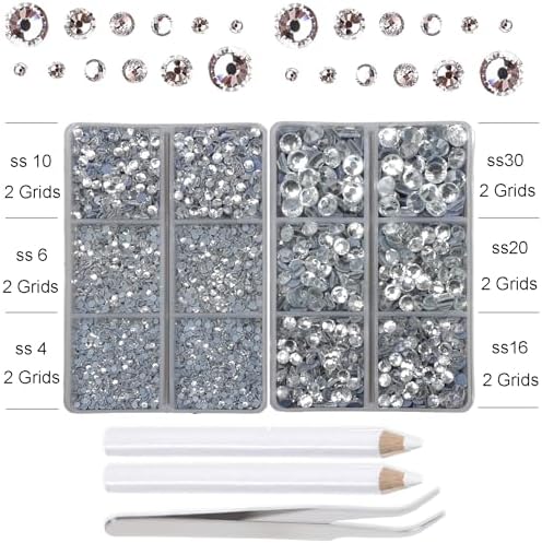 10000Pcs 2-Boxes Mixed Size Hot Fix Round Crystals Gems Glass Stones Hotfix Flat Back Rhinestones with Tweezers and Picking Pencil (Clear Crystal) - Image 3