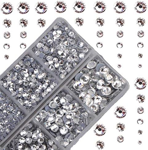 10000Pcs 2-Boxes Mixed Size Hot Fix Round Crystals Gems Glass Stones Hotfix Flat Back Rhinestones with Tweezers and Picking Pencil (Clear Crystal)