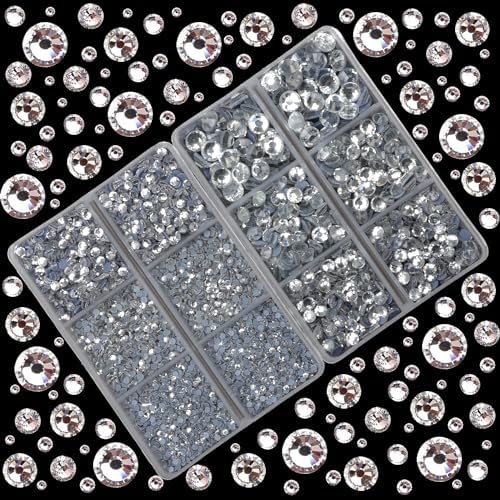 10000Pcs 2-Boxes Mixed Size Hot Fix Round Crystals Gems Glass Stones Hotfix Flat Back Rhinestones with Tweezers and Picking Pencil (Clear Crystal) - Image 2