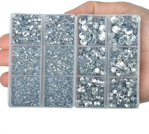 10000Pcs 2-Boxes Mixed Size Hot Fix Round Crystals Gems Glass Stones Hotfix Flat Back Rhinestones with Tweezers and Picking Pencil (Clear Crystal) - Image 4