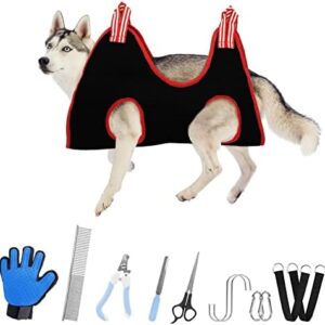 12 in 1 Dog Grooming Hammock, Breathable Pet Grooming Hammock Harness Restraint Bag for Cat/Dog with Nail Clipper/ Nail Trimmers/ Glove, Dog Grooming Sling Helper for Nail Clipping/Trimming (L, Black)
