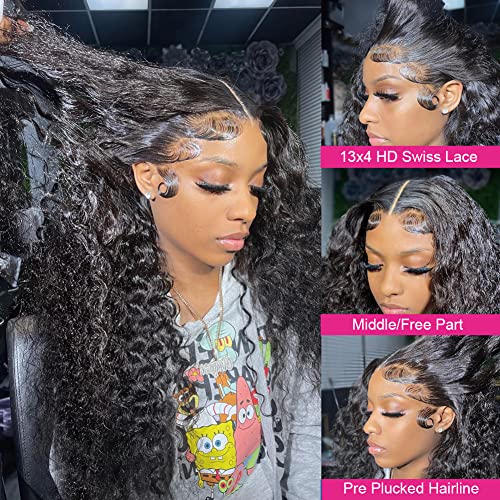 13x4 Lace Front Wigs Human Hair 200 Density Deep Wave Wigs Pre Plucked with Natural Baby Hair for Women HD Transparent Lace Frontal Wigs Brazilian Virgin Deep Curly Wigs Natural Hairline 18 inch - Image 2