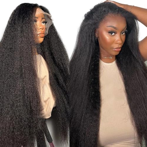 13x6 Kinky Straight Human Hair Wig for Women 180% Density HD Transparent Lace Front Wigs Human Hair Pre Plucked with Baby Hair Natural Hairline Yaki Straight Brazilian Virgin Human Hair Wigs 26inch