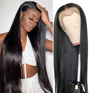 13x6 Lace Front Wigs Human Hair Pre Plucked With Baby Hair Straight Transparent Lace Frontal Wig 180% Density Brazilian Virgin Human Hair Wigs for Black Women Bleached Knots Natural Color 22inch
