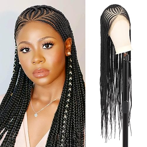 13X8 Inch HD Lace Front Cornrow Braided Wigs for Women Box Braided Wigs with Baby Hair Middle Part Synthetic Lace Front Long Black Box Braid Wig 36 Inch