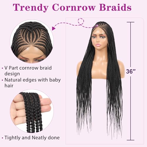 13X8 Inch HD Lace Front Cornrow Braided Wigs for Women Box Braided Wigs with Baby Hair Middle Part Synthetic Lace Front Long Black Box Braid Wig 36 Inch - Image 2