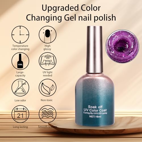 16ml Color Changing Gel Nail Polish, Glitter Gradient Temperature Changing Nail Gel, Diamond Shining Opal Mood Nail Polish Change Colors Soak off UV Light for Nail Art(Pink) - Image 5