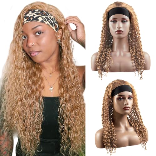 18 Inch Blonde Headband Wig Human Hair Grade 8A Brazilian Remy Human Hair Curly Wave Wig #27 Honey Blonde Wigs With Headband Wet And Wavy No Lace Wig 150% Density Machine Made Wig