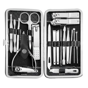 18pc Manicure Set - Sturdy Stainless Steel Professional Tools for Nails, Pedicure, Facial, Grooming. Handsome Organizer Travel Case. Great Gift Idea for Women, Men, Girls, Teens, Black