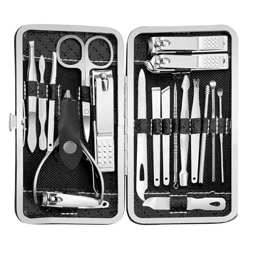 18pc Manicure Set - Sturdy Stainless Steel Professional Tools for Nails, Pedicure, Facial, Grooming. Handsome Organizer Travel Case. Great Gift Idea for Women, Men, Girls, Teens, Black