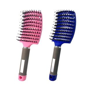 2 PACK Boar Bristle Hair Brush No Pull Curved Vented Hair Brush Detangler Brush Fast Blow Drying Hair Brush for Kids, Men, Women Wet Dry Long, Thin, Thick, Curly Tangled Hair (pink+blue)