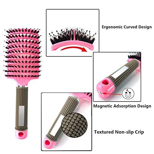2 PACK Boar Bristle Hair Brush No Pull Curved Vented Hair Brush Detangler Brush Fast Blow Drying Hair Brush for Kids, Men, Women Wet Dry Long, Thin, Thick, Curly Tangled Hair (pink+blue) - Image 4