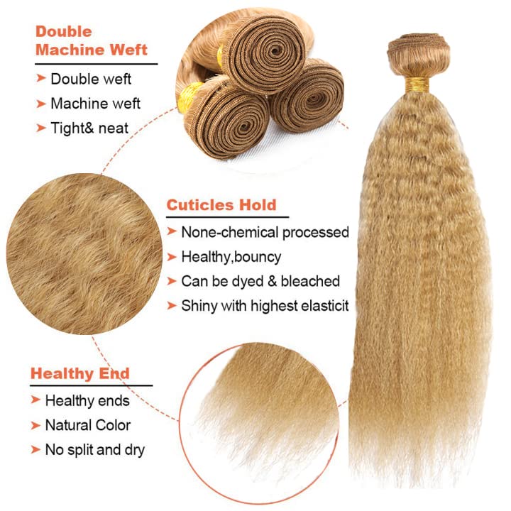 20 22 24 Inch DiexrLamx Hair Honey Blonde Bundles Color #27 Kinky Straight Human Hair Bundles Color #27 Bundles Human Hair Unprocessed Virgin Hair Blonde Yaki Straight Bundles Hair Weave - Image 2