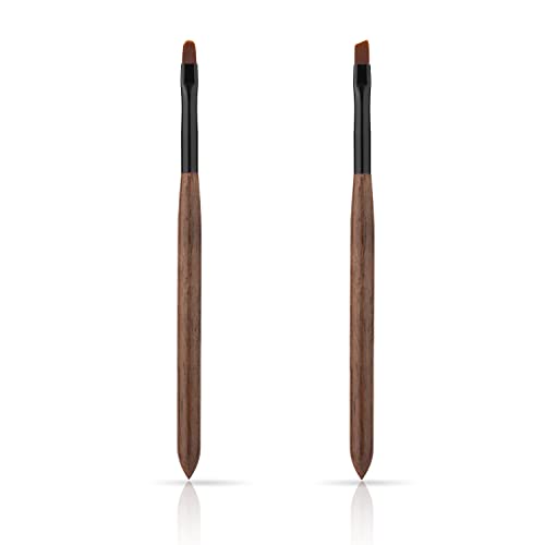 2pcs Nail Art Clean Up Brushes, Nail Polish Remover Brush with Round & Angled Head Sandalwood Handle Nail Cleaning Brush for DIY Design & Polish Mistake Cleaning