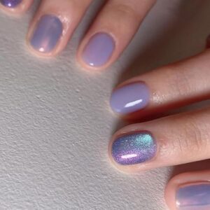 24 Pcs Light Purple Press on Nails Short Square - BHLFRH Festival Cute Fake Nails Press ons Nail Art Tip Full Cover False Nails Glue on Nails with Aurora Glitter Design Stick on Nails Acrylic Kit Set