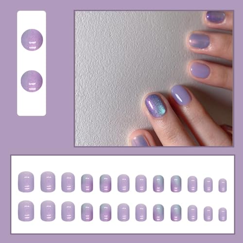 24 Pcs Light Purple Press on Nails Short Square - BHLFRH Festival Cute Fake Nails Press ons Nail Art Tip Full Cover False Nails Glue on Nails with Aurora Glitter Design Stick on Nails Acrylic Kit Set - Image 2