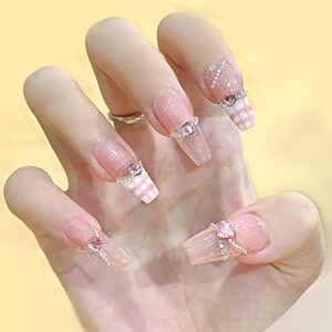 24 Pcs Nude Press on Nails Medium, Glossy Pink white plaid French Tips Fake Nails,Rhinestones Design,12 Sizes, Acrylic Full Cover Artificial Gel Nail Kit for Women Girls 0008