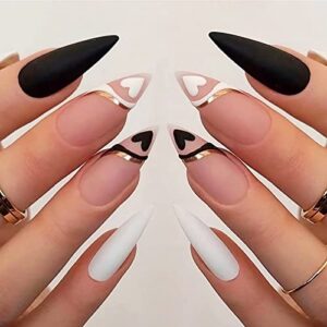 Sunjasmine 24 Piece Medium Almond Black Pink Heart Press On Nails Kit