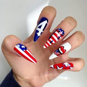 24Pcs 4th of July Press on Nails Long Fake Nails American Flag Star Red Lips Design Almond Shape Stiletto False Nails with Nail Glue Patriotic Independence Day Nail Art Supplies for Women Girls