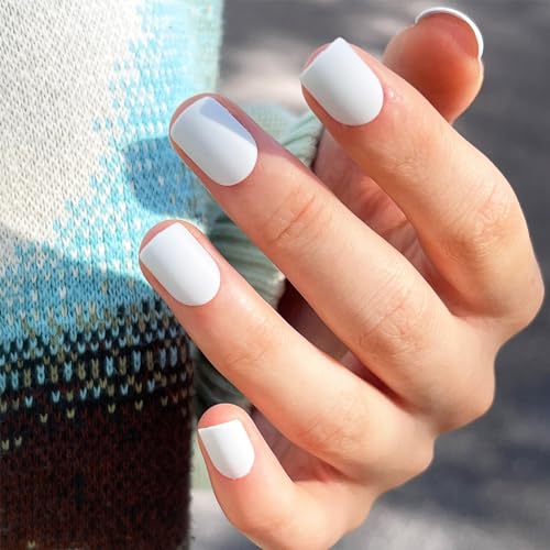 24Pcs Ash White Short Square Press on Nails with Solid Color Design, Matte White False Nails Gel Glue on Nails, Solid Color Manicure Art Acrylic Fake Nails Stick on Nails for Coquette Women Girls