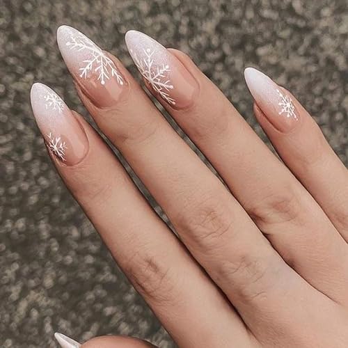 24 Piece Short Almond Nude Acrylic Press On Nails Snowflake Gradient Festive Women's Christmas