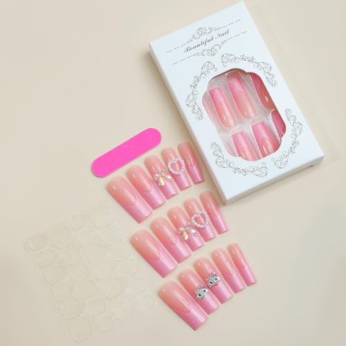24Pcs Pink Coffin Nails Kitty Press on Nails Long Fake Nails with 3D Kawaii Kitty Heart Nail Charms Design Nail Gems Diamond Pink Acrylic Nails Supply Full Cover False Nails Stick on Nails for Women - Image 5