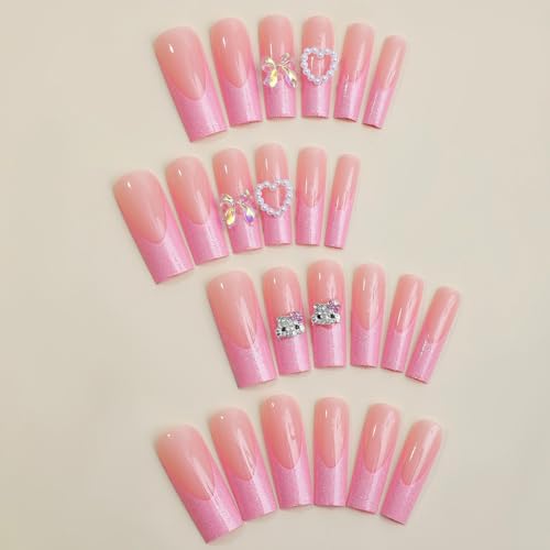 24Pcs Pink Coffin Nails Kitty Press on Nails Long Fake Nails with 3D Kawaii Kitty Heart Nail Charms Design Nail Gems Diamond Pink Acrylic Nails Supply Full Cover False Nails Stick on Nails for Women - Image 2