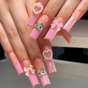24Pcs Pink Coffin Nails Kitty Press on Nails Long Fake Nails with 3D Kawaii Kitty Heart Nail Charms Design Nail Gems Diamond Pink Acrylic Nails Supply Full Cover False Nails Stick on Nails for Women