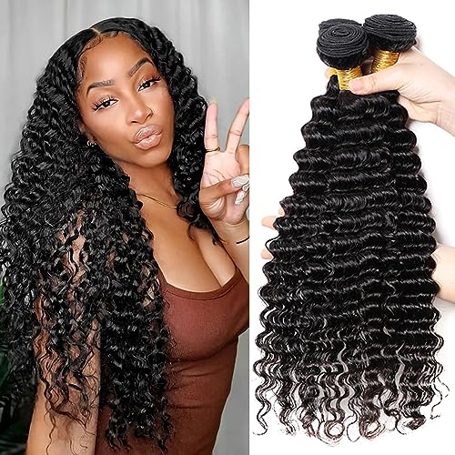 26 28 30 Inch Human Hair Bundles Deep Wave 3 Bundles 100% Unprocessed Brazilian Virgin Human Hair Curly Deep Wave Bundles 300G Machine Double Weft Natural Black Color