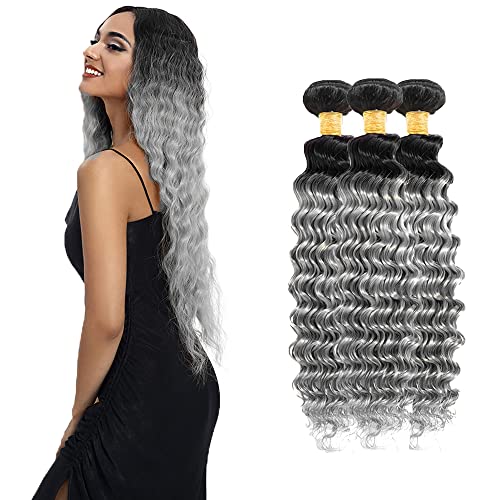 26 28 30 Inch Silver Bundles Grey Deep Wave Human Hair Bundles Brazilian Unprocessed Virgin Hair Two Tone Black to Silver Grey Bundles Human Hair Silver Deep Wave Bundles Hair Weave