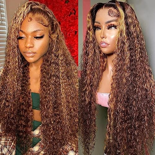 26inch Highlight Ombre Water Wave P4/27 Highlight 13x4 HD Transparent Lace Front Wigs Ombre Human Hair Wet and Wavy Curly Glueless Lace Frontal Wigs Pre Plucked with Baby Hair 180% Density