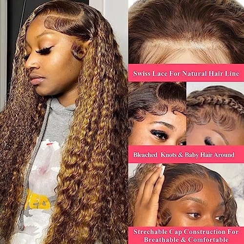 26inch Highlight Ombre Water Wave P4/27 Highlight 13x4 HD Transparent Lace Front Wigs Ombre Human Hair Wet and Wavy Curly Glueless Lace Frontal Wigs Pre Plucked with Baby Hair 180% Density - Image 2