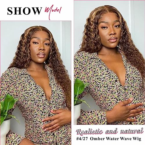 26inch Highlight Ombre Water Wave P4/27 Highlight 13x4 HD Transparent Lace Front Wigs Ombre Human Hair Wet and Wavy Curly Glueless Lace Frontal Wigs Pre Plucked with Baby Hair 180% Density - Image 6
