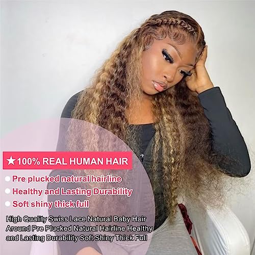 26inch Highlight Ombre Water Wave P4/27 Highlight 13x4 HD Transparent Lace Front Wigs Ombre Human Hair Wet and Wavy Curly Glueless Lace Frontal Wigs Pre Plucked with Baby Hair 180% Density - Image 8
