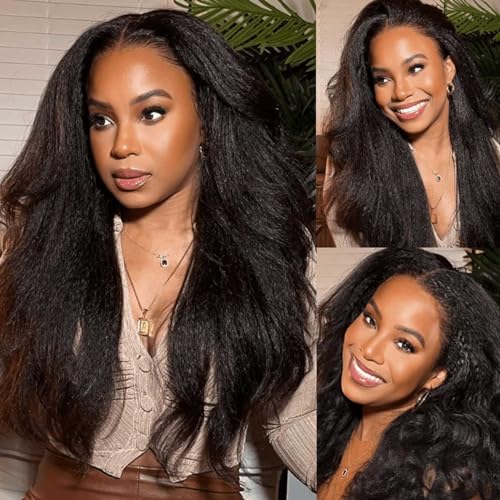 26Inch Wear & Go Glueless Wigs Human Hair Kinky Straight Pre Cut 6x4 Lace Frontal Wigs Pre Plucked for Women Natural Hairline 180% Density Breathable Cap Natural Color - Image 5