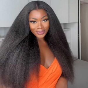 26Inch Wear & Go Glueless Wigs Human Hair Kinky Straight Pre Cut 6x4 Lace Frontal Wigs Pre Plucked for Women Natural Hairline 180% Density Breathable Cap Natural Color