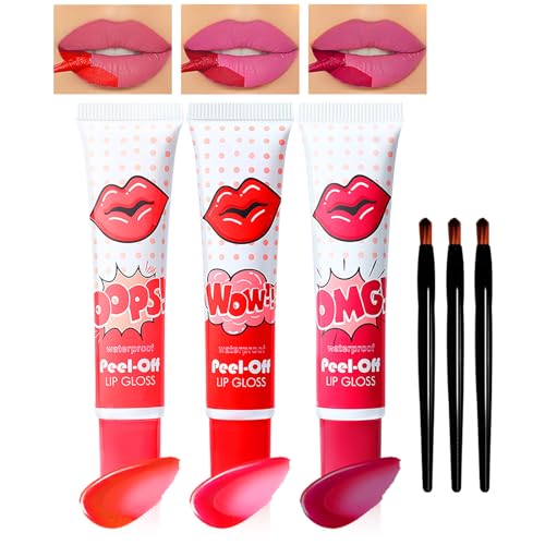 3 Colors Peel Off Lip Stain Lip Tint Set, Peel Reveal Lip Stain, Waterproof Tear-off Lip Gloss, Peel Off Tattoo Lipsticks, Nonstick Cup, Matte Nude, Tattoo Magic Color Lip for Women Girl