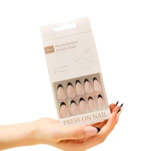 30 Pcs Press on Nails Short Almond - SHANRUN Light Pink Fake Nails Press ons French Nail Tip Full Cover False Nails with Black French Design Glue on Nails Kit Acrylic Set for Women Reusable | 15 Sizes