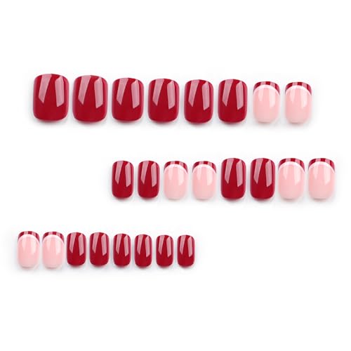 French Tip Press on Nails Christmas Fake Nails Short Square Glue on Nails Red False Nail Tips Full Cover Red Stick on Nails Glossy Xmas Acrylic Nails for Women Girls Christmas Nail Art Decoration - Image 3