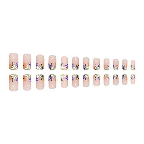 Spring Flowers Press on Nails - Medium Square,Purple White Flowers Fake Nails Glue on Nails,Natural Full Cover Stick on Nails False Nails Acrylic Nails Artificial Nails for Women 24Pcs/Set - Image 3