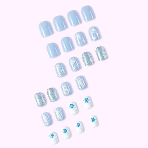 Christmas Press on Nails Short Square Winter Fake Nails Blue Full Cover White Snow Xmas Tree False Nails with Designs Glitter Glossy Glue on Nails Manicure Artificial Nails for Women Girls 24Pcs - Image 3