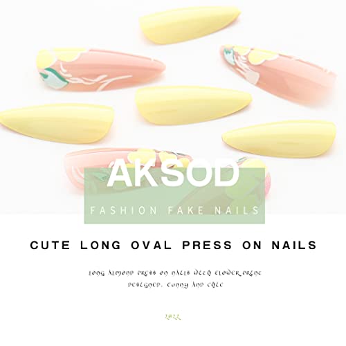 Glossy Almond Press on Nails Yellow Long Fake Nails Designed Cute Flower Ballerina Full Cover Artificial False Nails Tips for Women and Girls 24Pcs (Style A) - Image 4