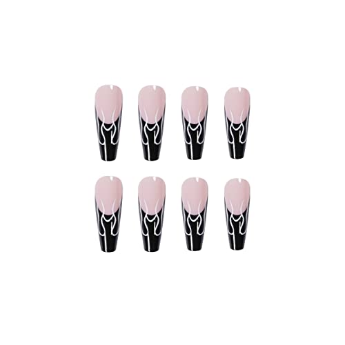 BABALAL Long Press on Nails Coffin Fake Nails Black French Tip Glue on Nails Glossy Acrylic Nails Falme Design Ballerina False Nails for Women and Girls - Image 3