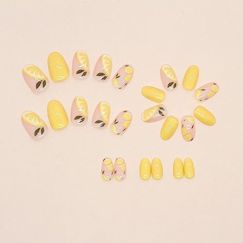 Summer Press on Nails Oval Fake Nails with Lemon Designs Stick on Nails Full Cover Yellow Acrylic Artificial Nails Short Glossy Glue on Nails for Women Girls Holiday Nail Supplies Gift 24pcs - Image 4
