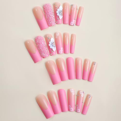 Flower Press on Nails Long Coffin Fake Nails with Designs White and Pink Stick on Nails French Tip Nails Press on Acrylic Nails Glossy Rhinestones Full Cover Artificial False Nails for Women and Girls - Image 2
