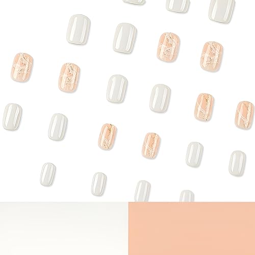 Square Press on Nails Short White Pink Fake Nails with Gold Foil Design Acrylic Nails Full Cover Stick on Nails Glue on Nails for Women 24 Pcs - Image 4